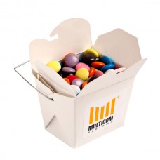 WHITE CARDBOARD NOODLE BOX FILLED WITH CHOC BEANS SMARTIE LOOK ALIKE 100G (MIXED COLOURS)