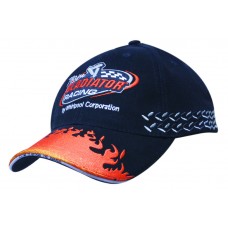 BRUSHED HEAVY COTTON CAP WITH FLAME EMBROIDERY ON PEAK & SIDE FLAG EMBROIDERY