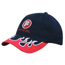 BRUSHED HEAVY COTTON CAP WITH MESH INDENTED PEAK FLAMES